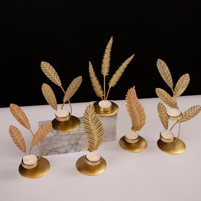 جای شمع چای سبز با برگ های مختلف به شکل فلزی دکور خانه سفارشی